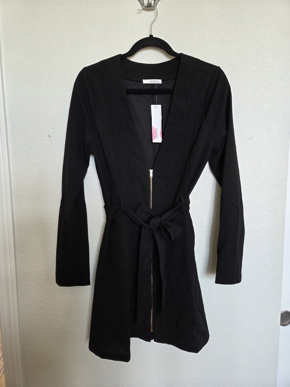 Timing Black Long Sleeve Zip-Front Dress with Tie Belt